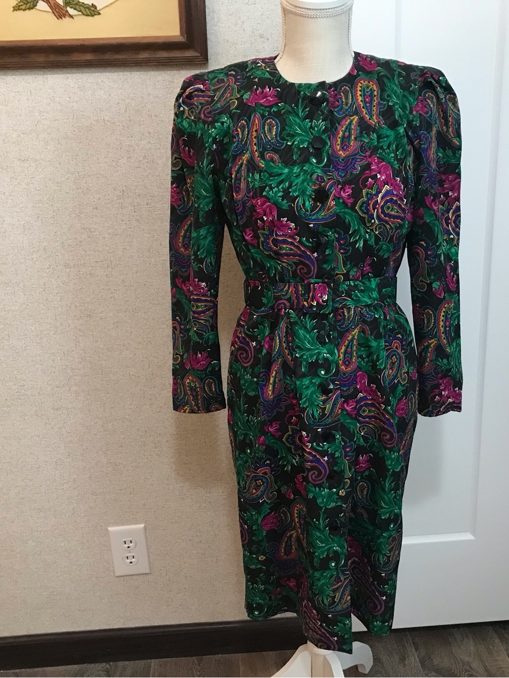Papell Petites Vintage-Inspired Green Paisley Long Sleeve Belted Dress Size 4P